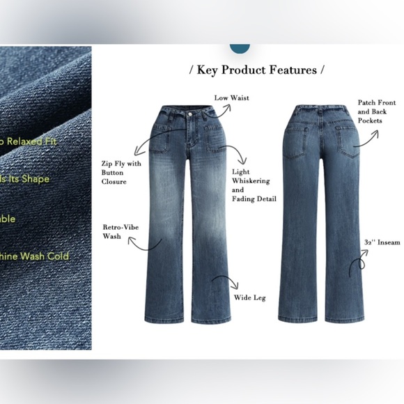 Flamingals Women's Pocket Detail Wide Leg Jeans Low Waist Vintage Pants XL - Picture 6 of 9